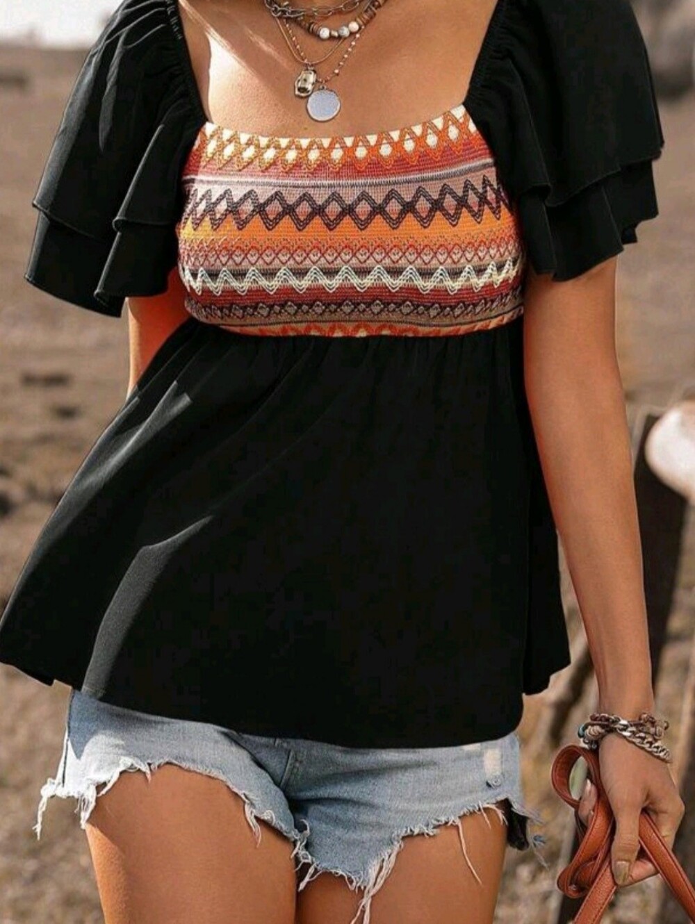 SHEIN Black Top with Orange Tribal Smocked Bodice